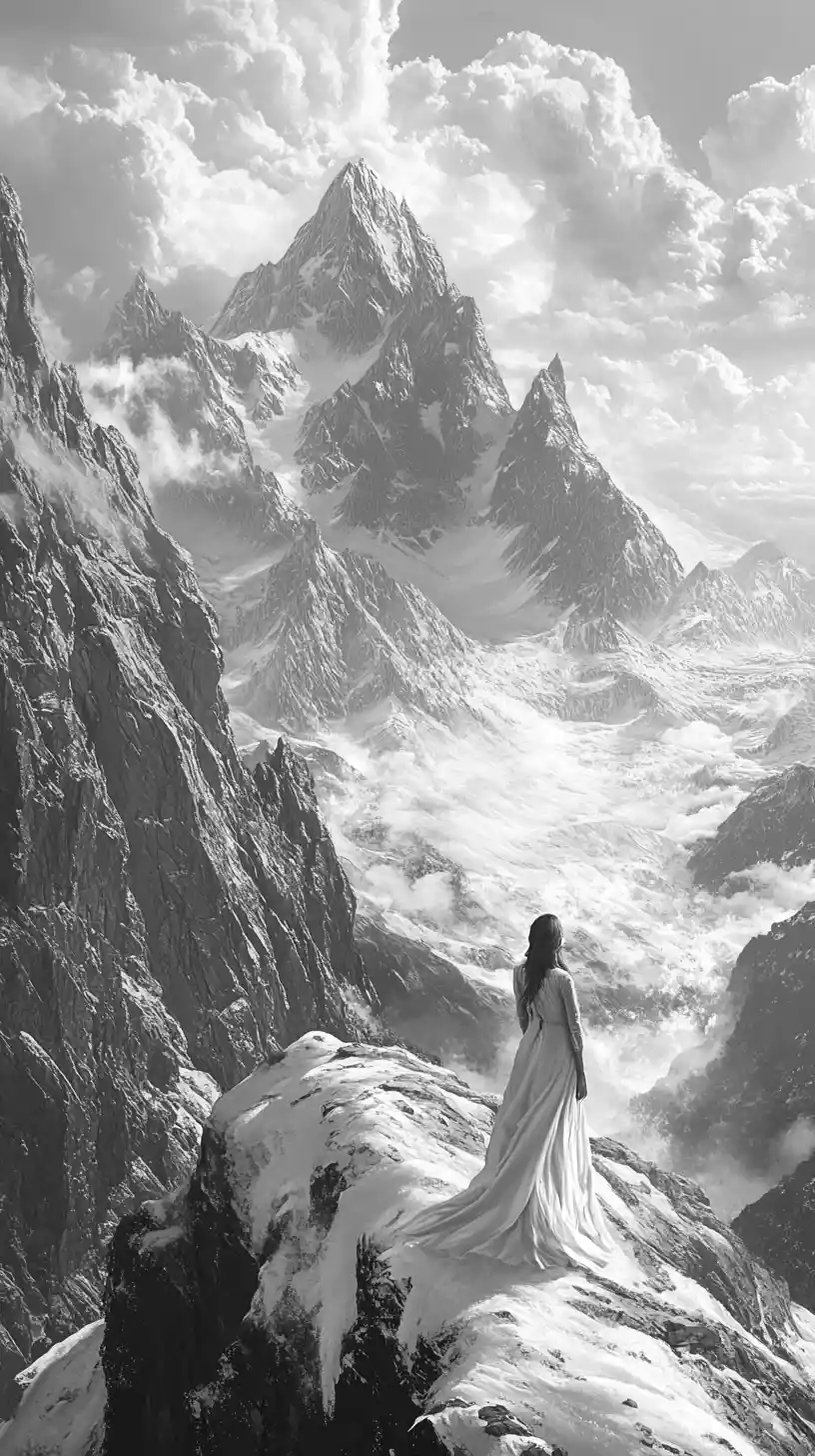 Woman In White On Snowy Ridge Facing Distant Mountains