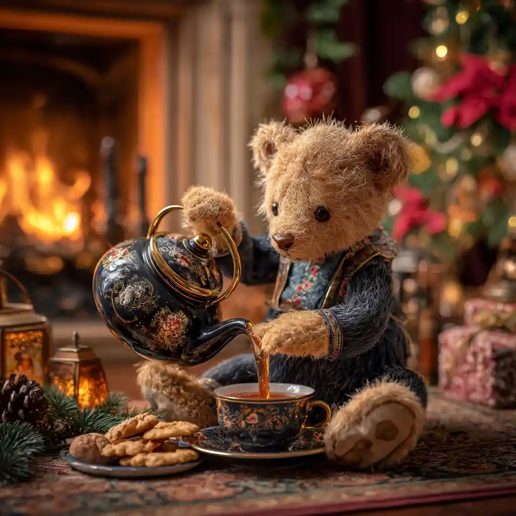 Cute teddy bear pouring tea in cozy christmas room