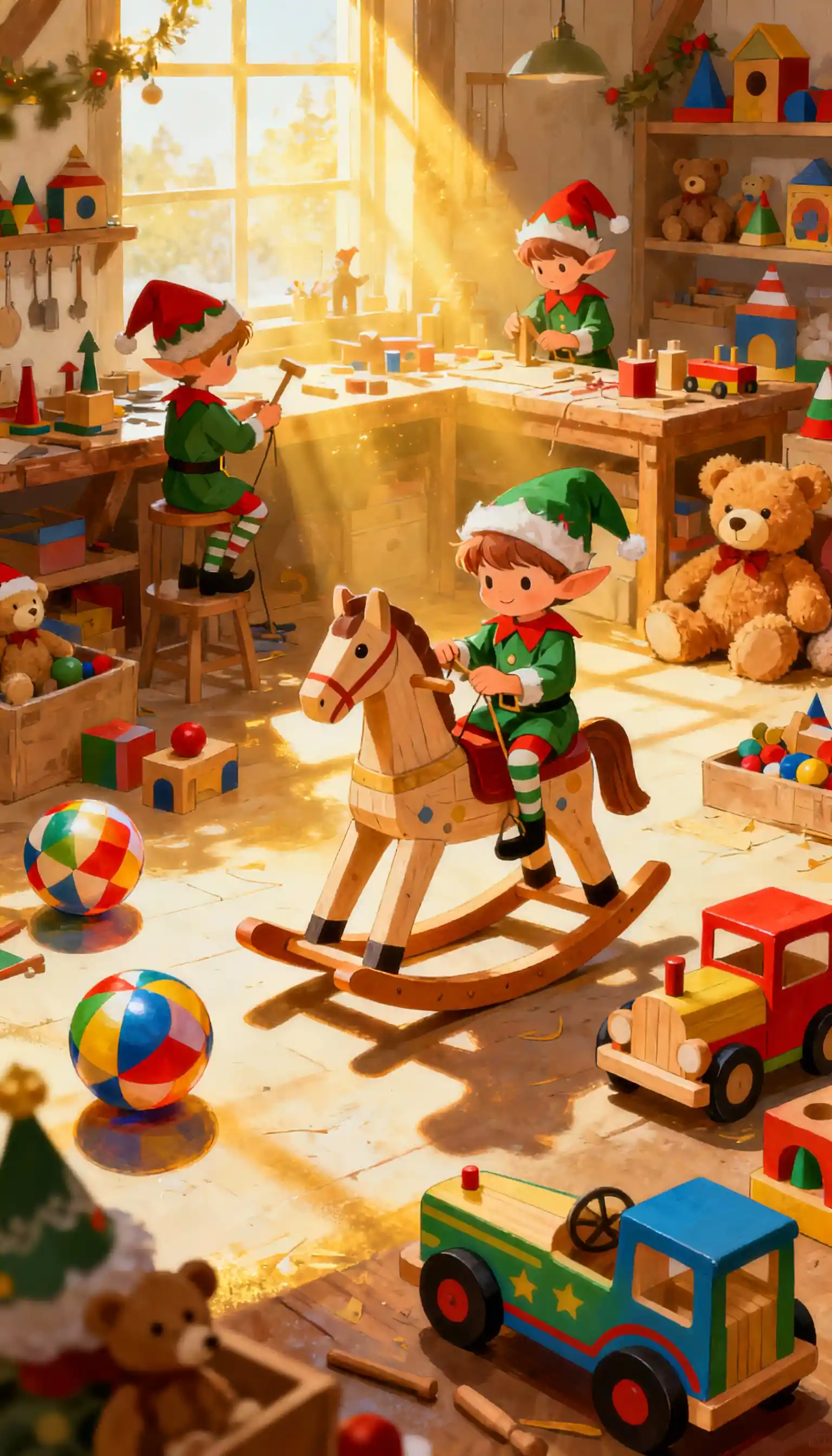 Christmas elves crafting toys in a bright cozy workshop