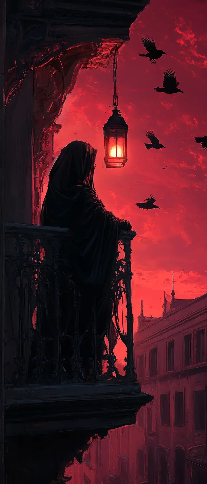 Widow on gothic balcony holding glowing lantern