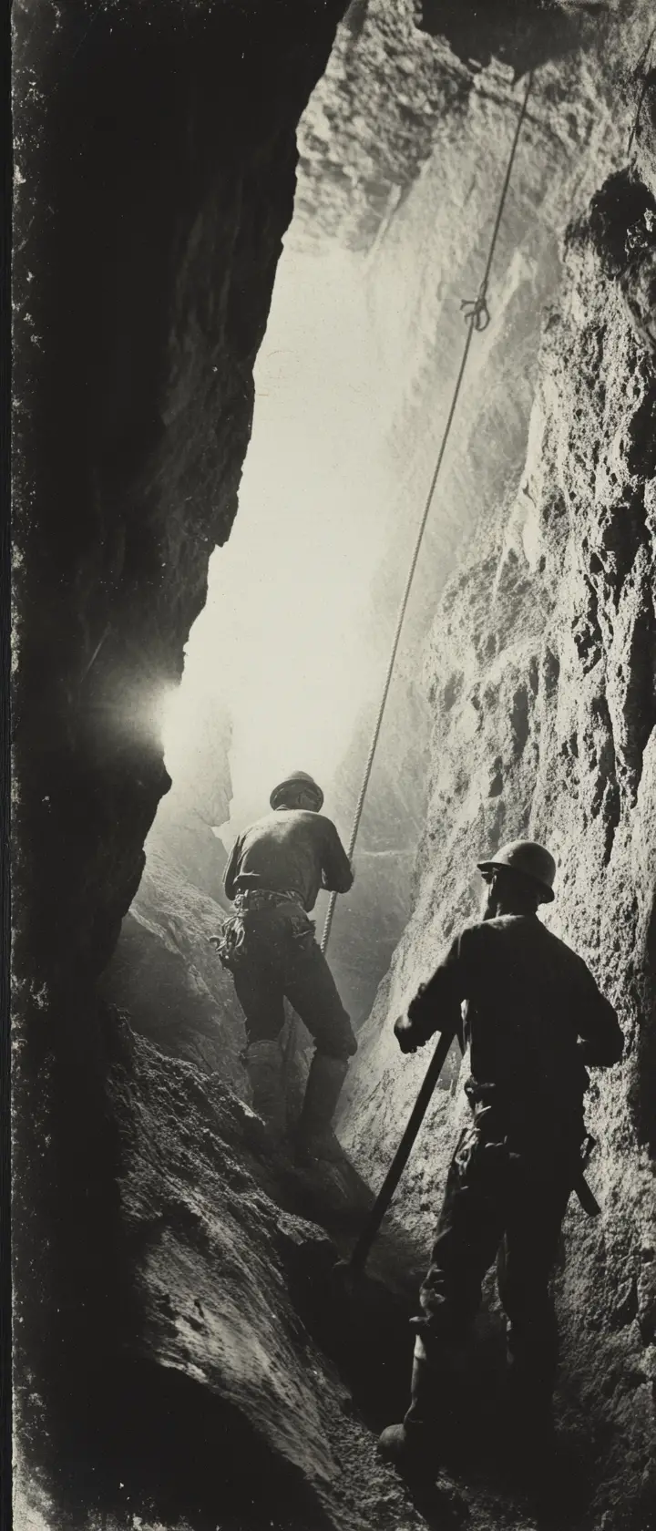 Weary miners working by lamplight in a dark mine