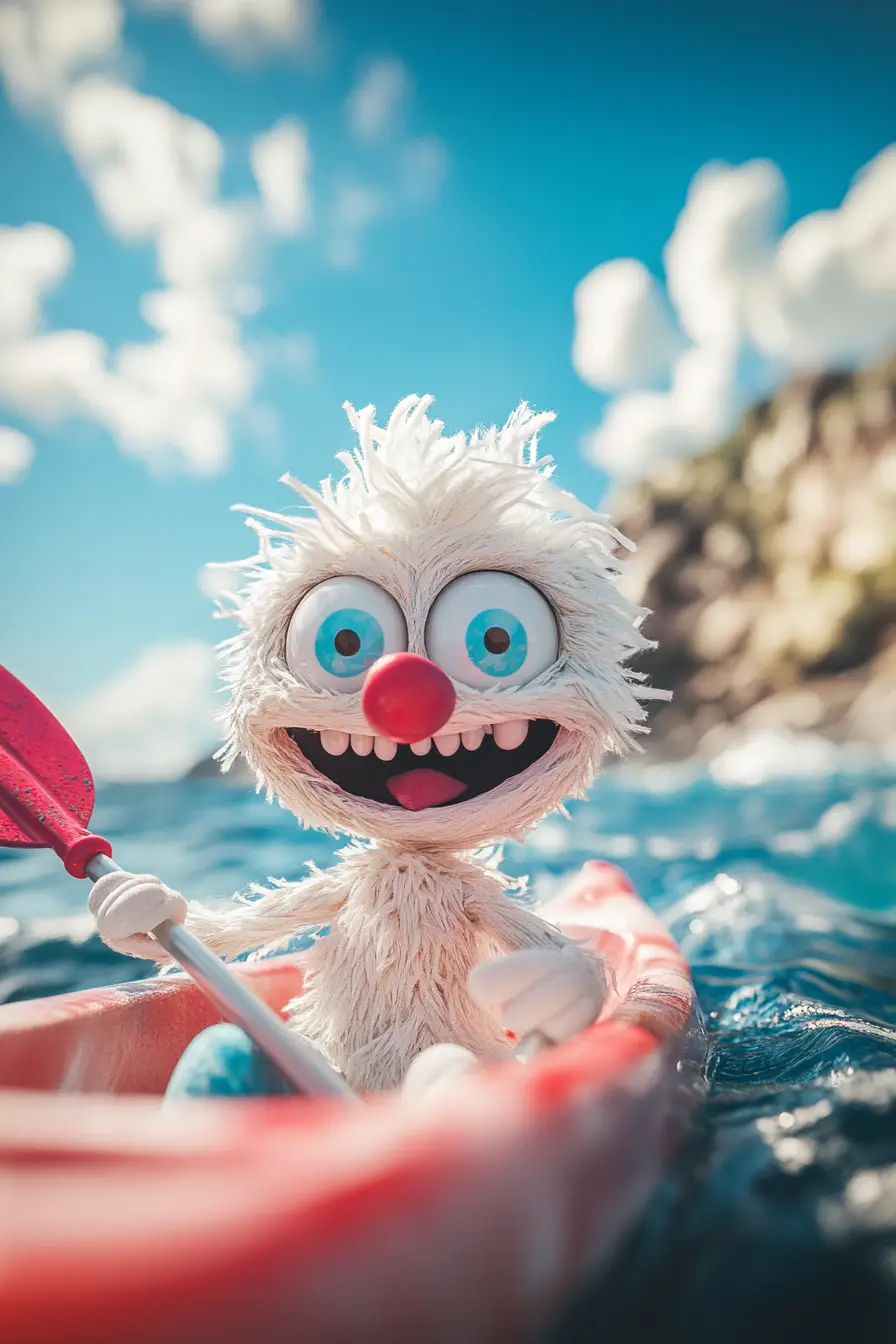 Cheerful puppet kayaking across bright magical sea