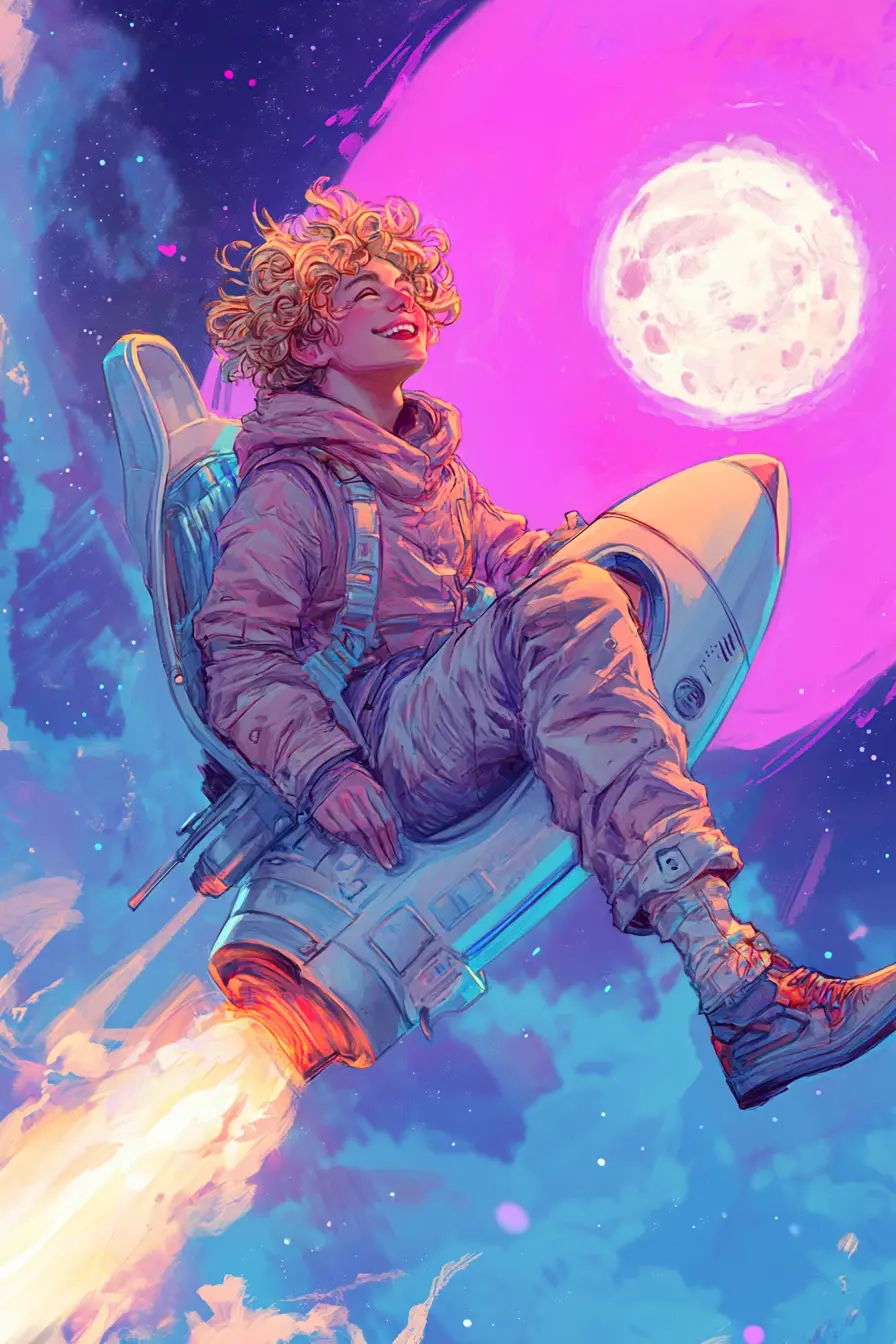 Smiling blond man riding a small space rocket