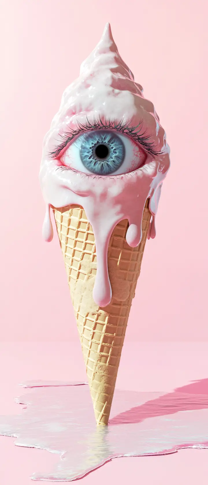 Surreal melting ice cream cone with a single human eye
