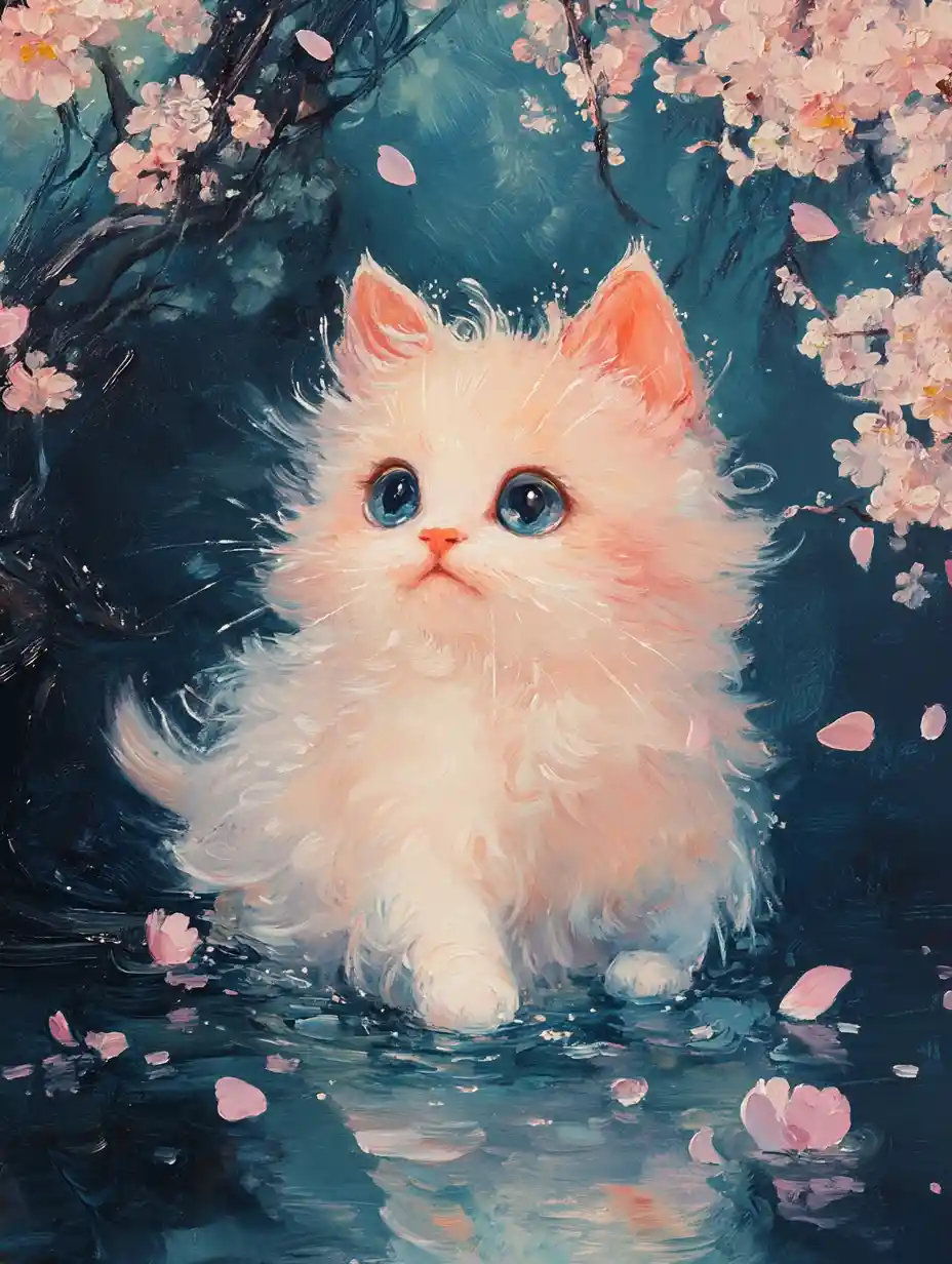 Fantasy kitten with sakura petals over mirror water
