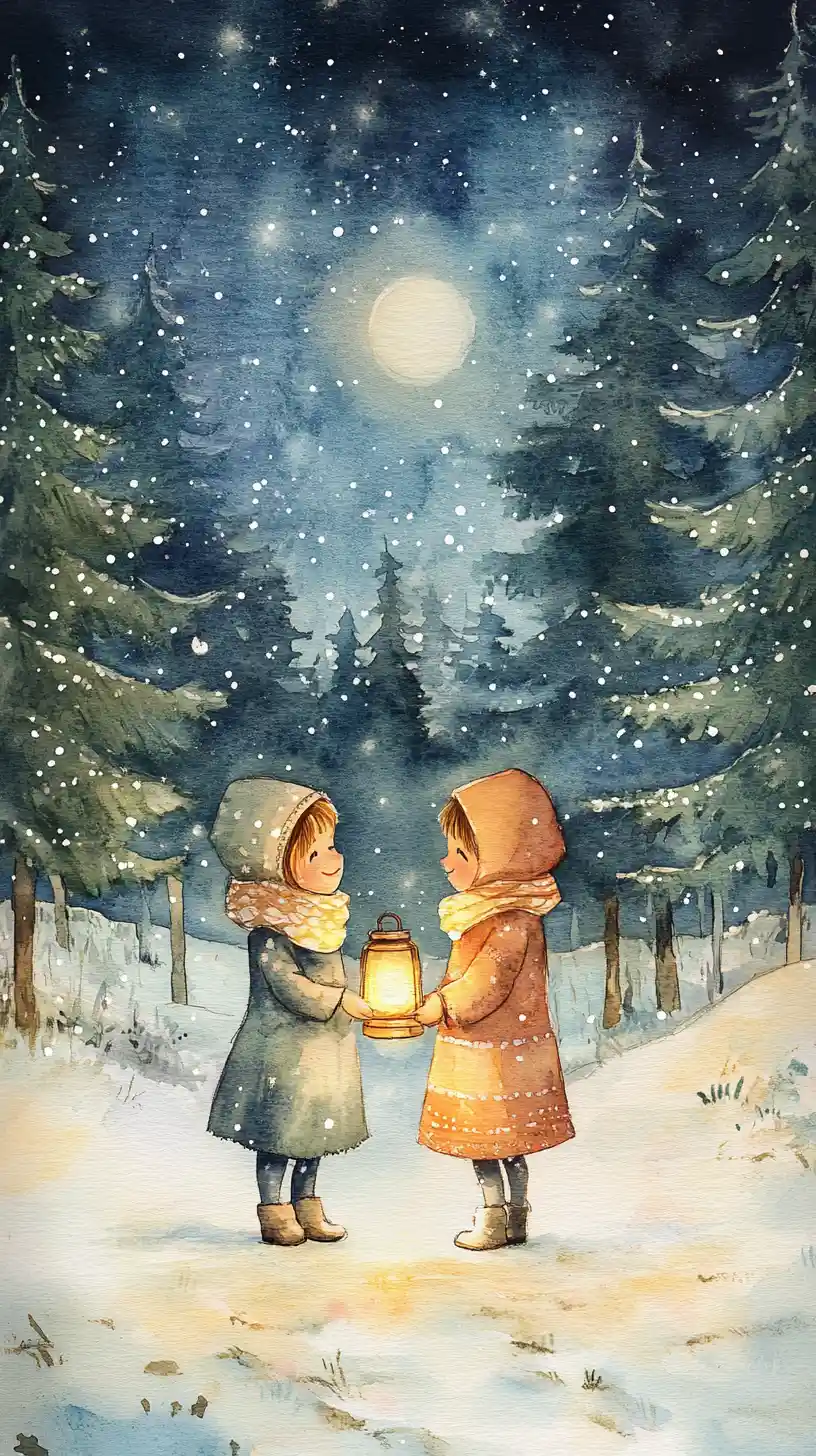 Children With Lanterns In A Snowy Night Forest