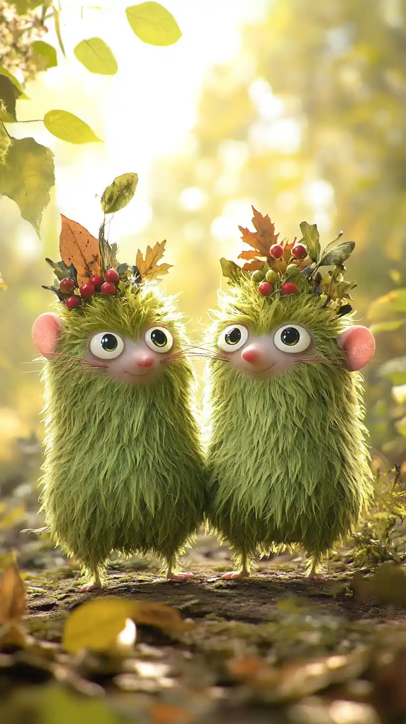 Whimsical Green Forest Creatures In Sunlit Woodland