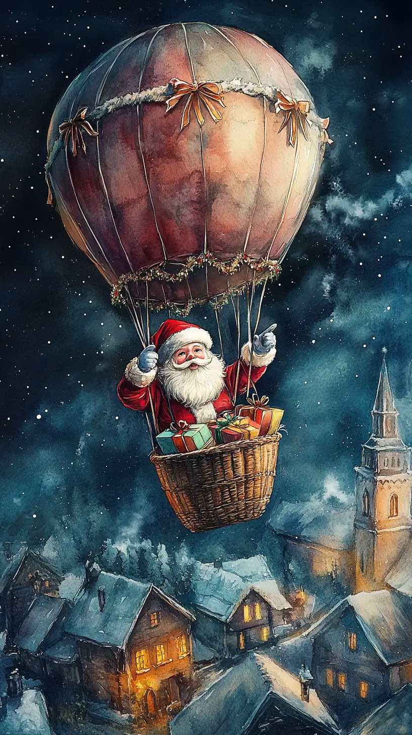 Santa Claus Flying In A Hot Air Balloon On Christmas Eve