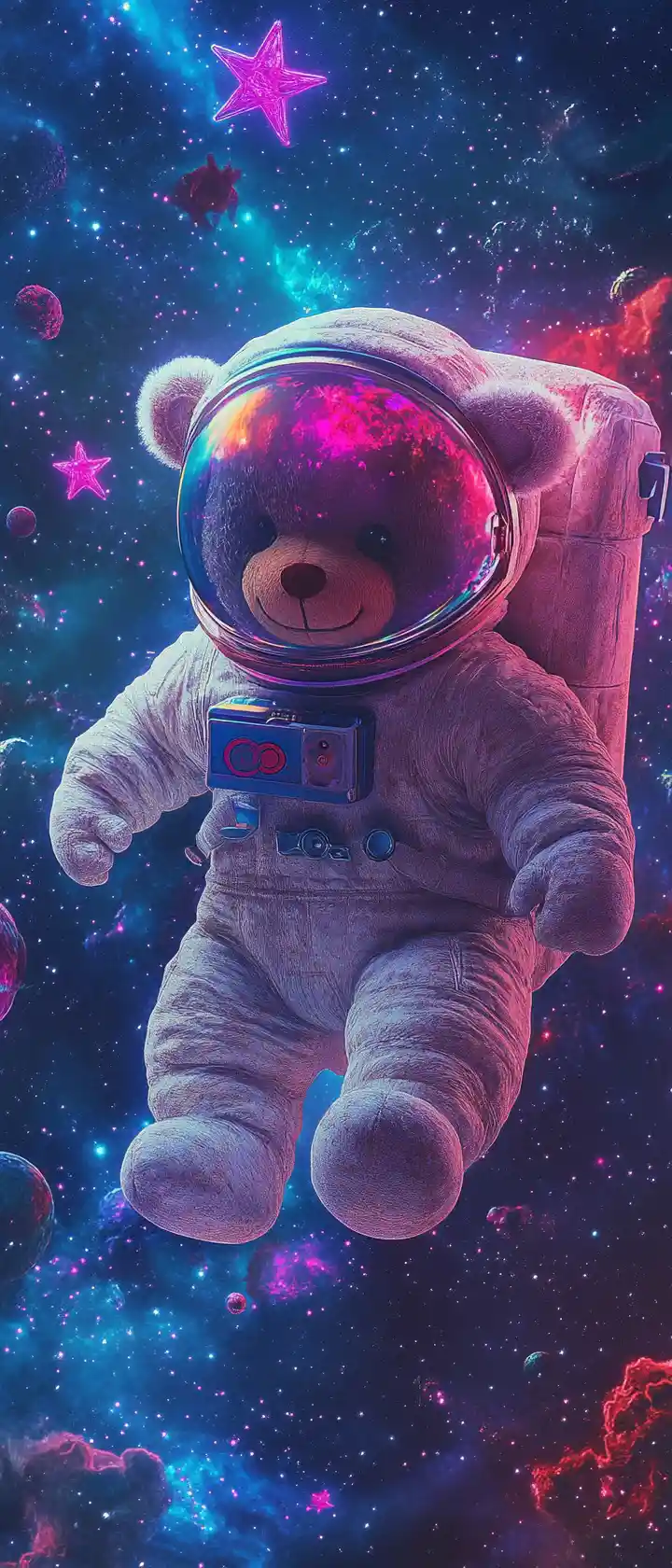 在霓虹宇宙中漂流的泰迪熊太空人