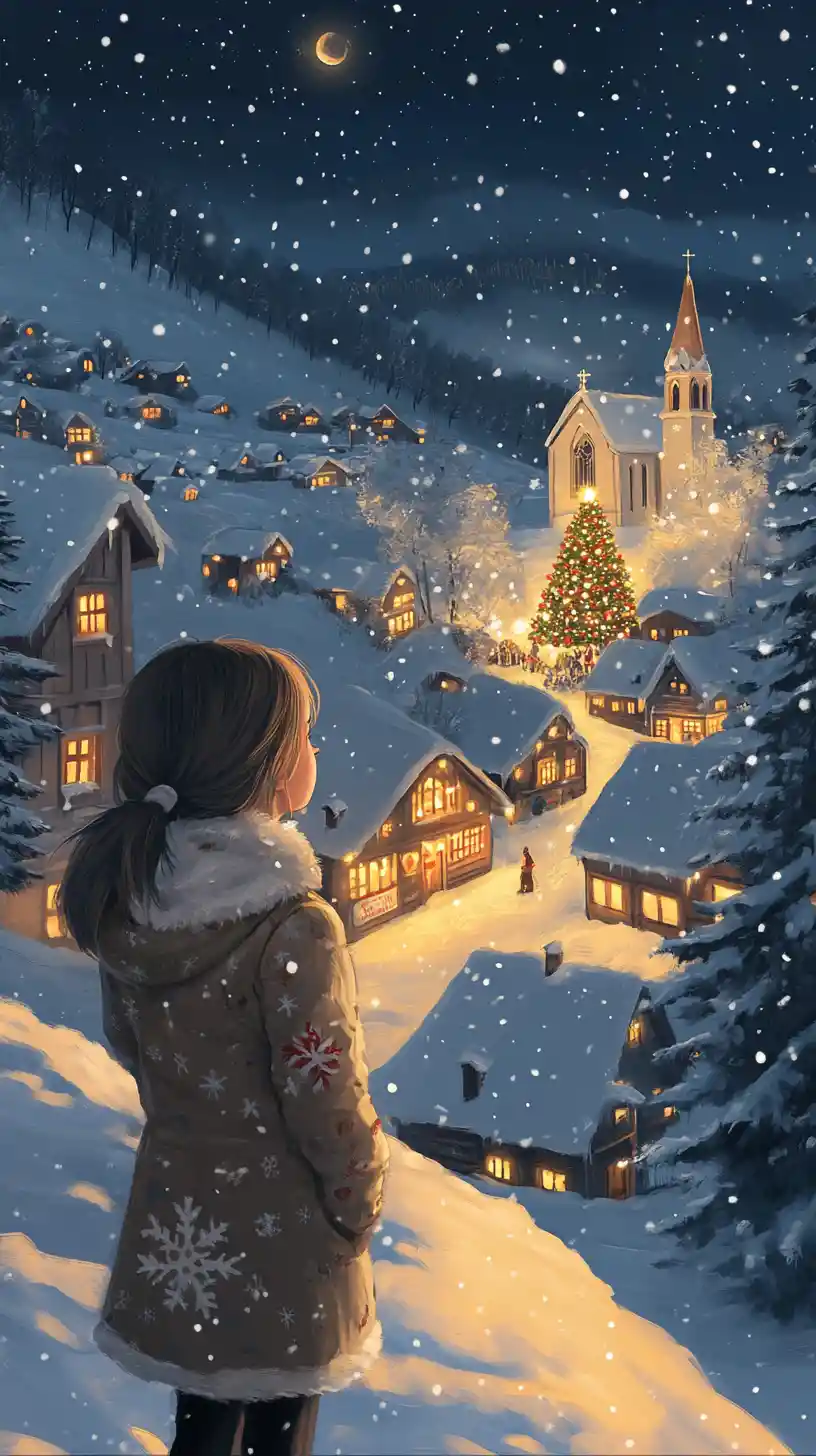 Girl In Winter Outfit Overlooking Snowy Christmas Village
