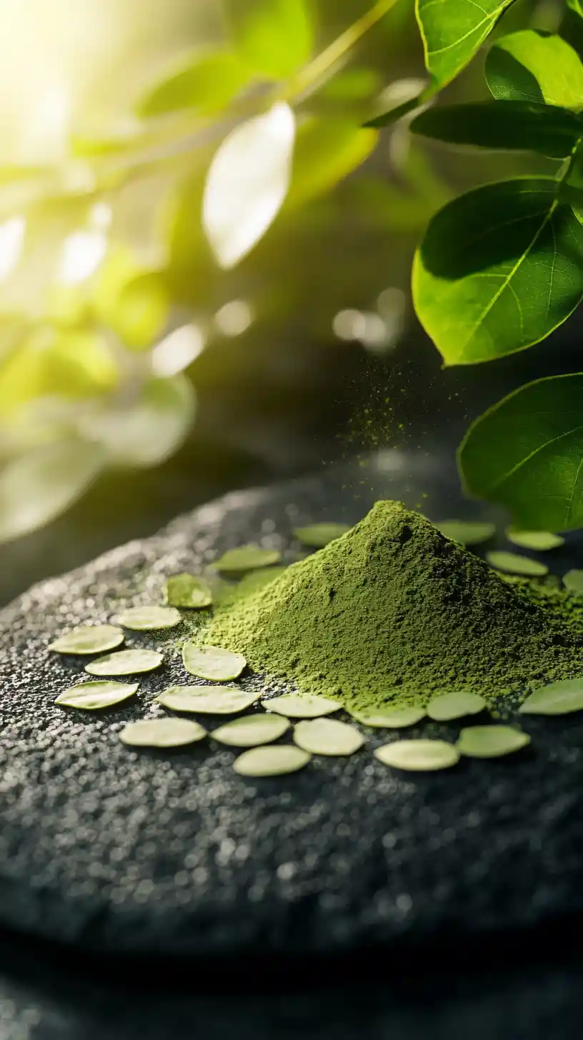 Macro view of moringa powder on dark stone surface