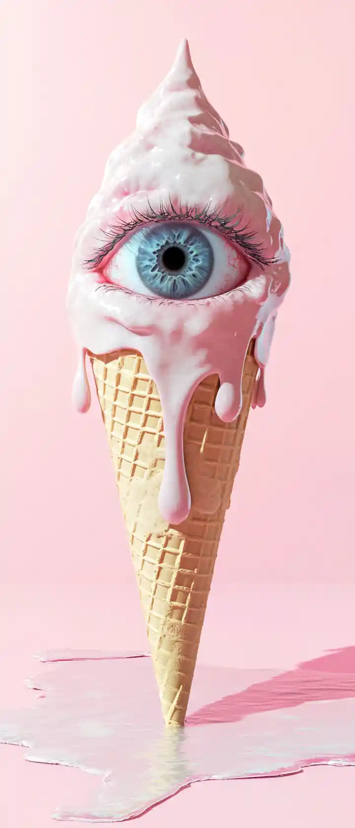 Surreal melting ice cream cone with a single human eye