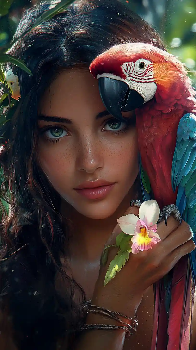 Amazon girl with parrot in soft jungle portrait