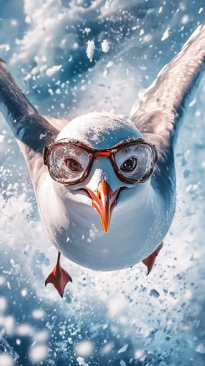 Seagull Flying Into A Snowstorm With Pilot Goggles