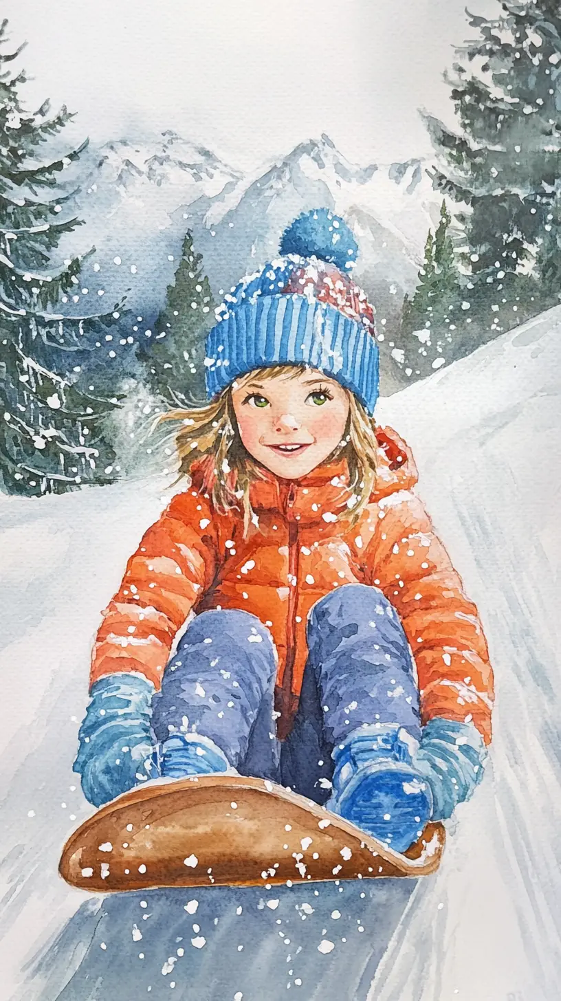 Cute girl sledding down a snowy mountain watercolor