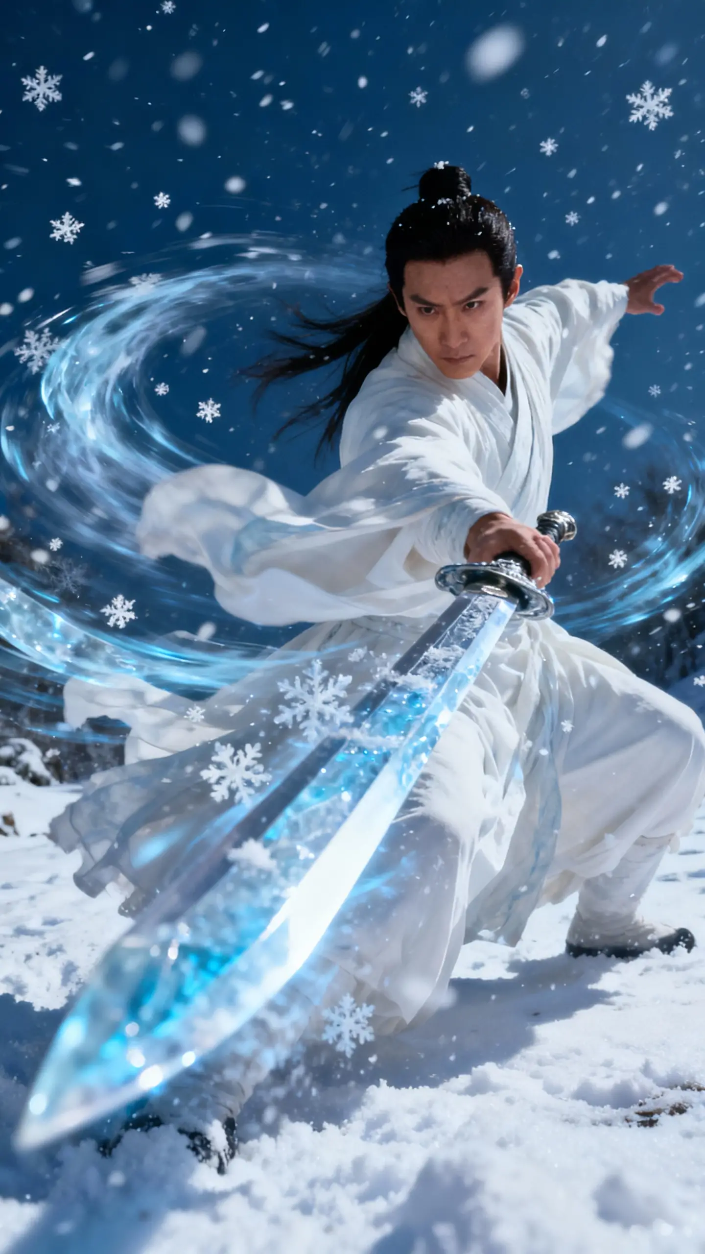 Fantasy warrior woman unleashing melting snow blade attacks