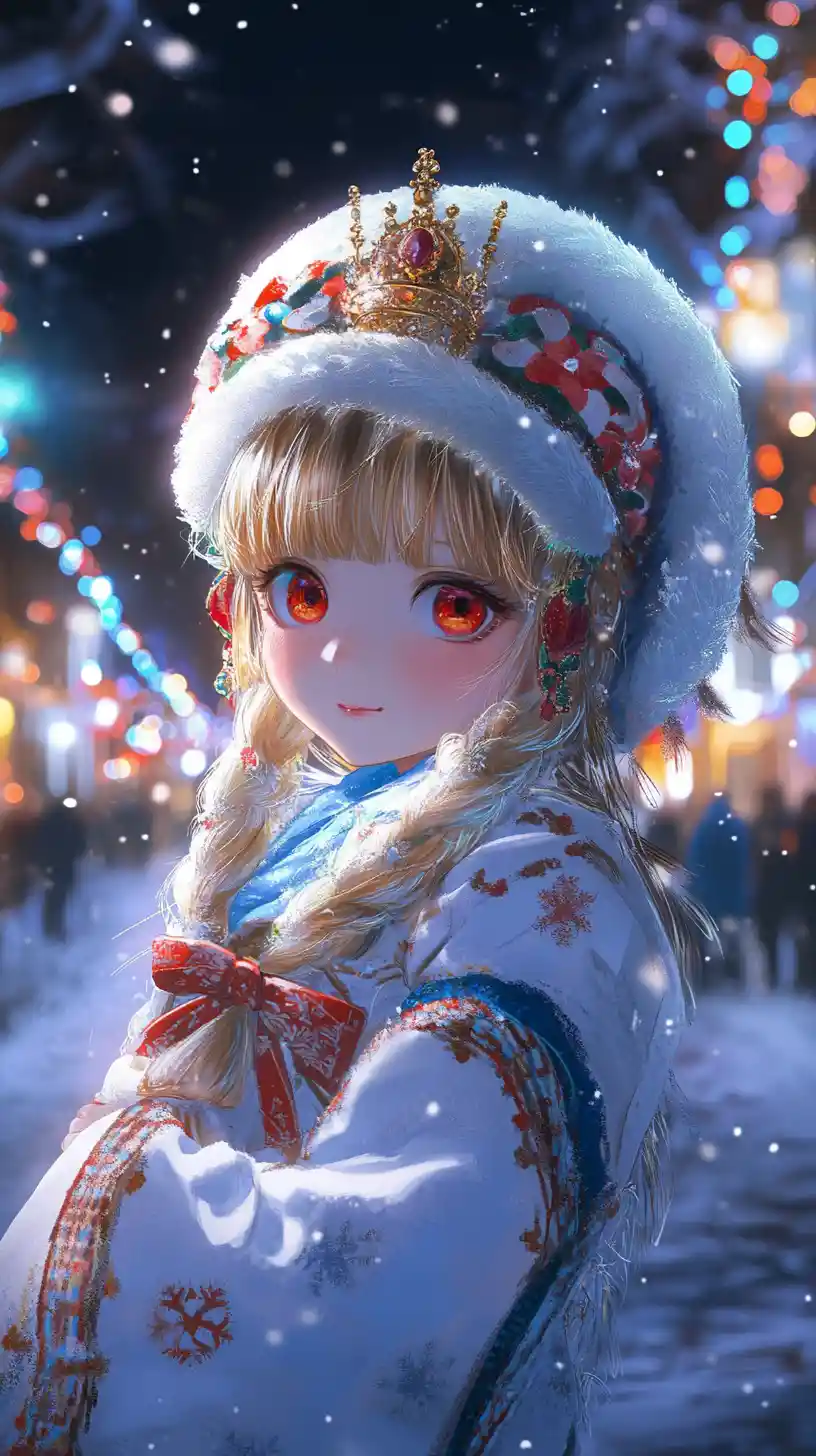 Anime girl in blue winter costume on festive city street
