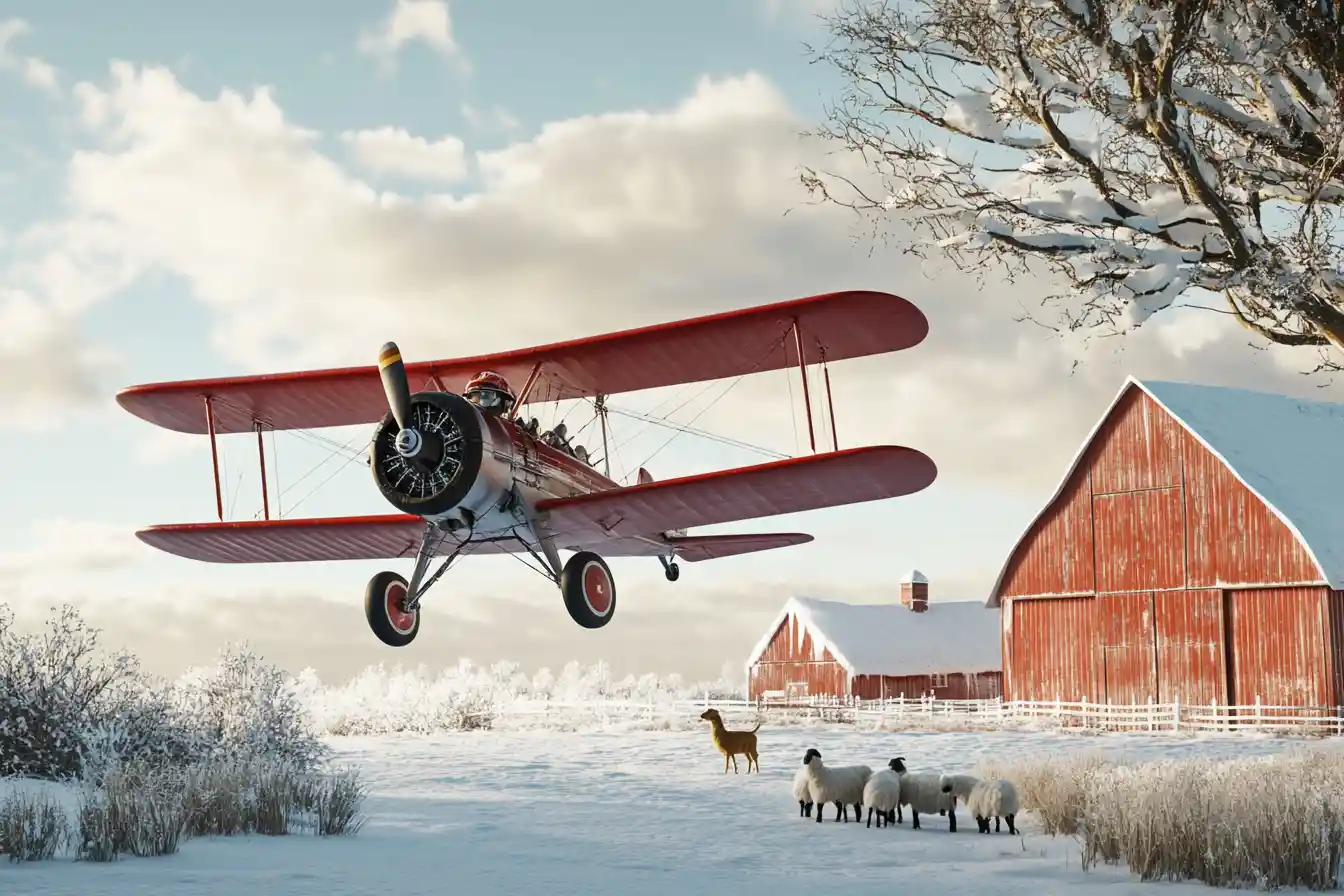 World War One biplane flying low over snowy farm