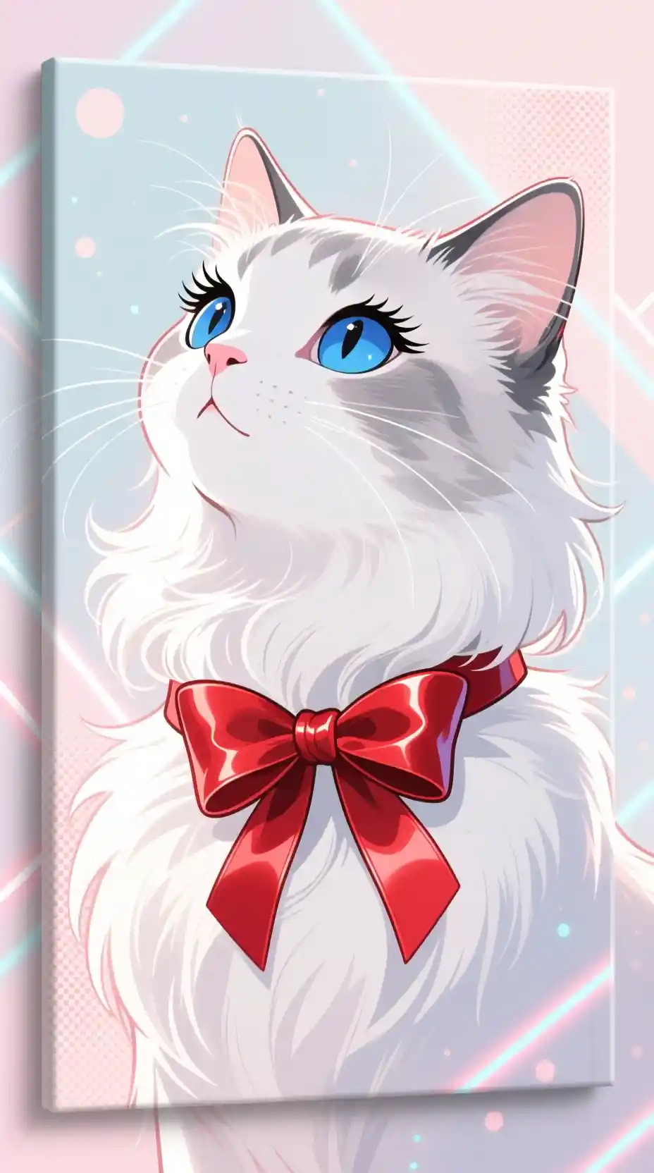 Elegante Anime-Katze mit roter Schleife im Pop-Art-Stil