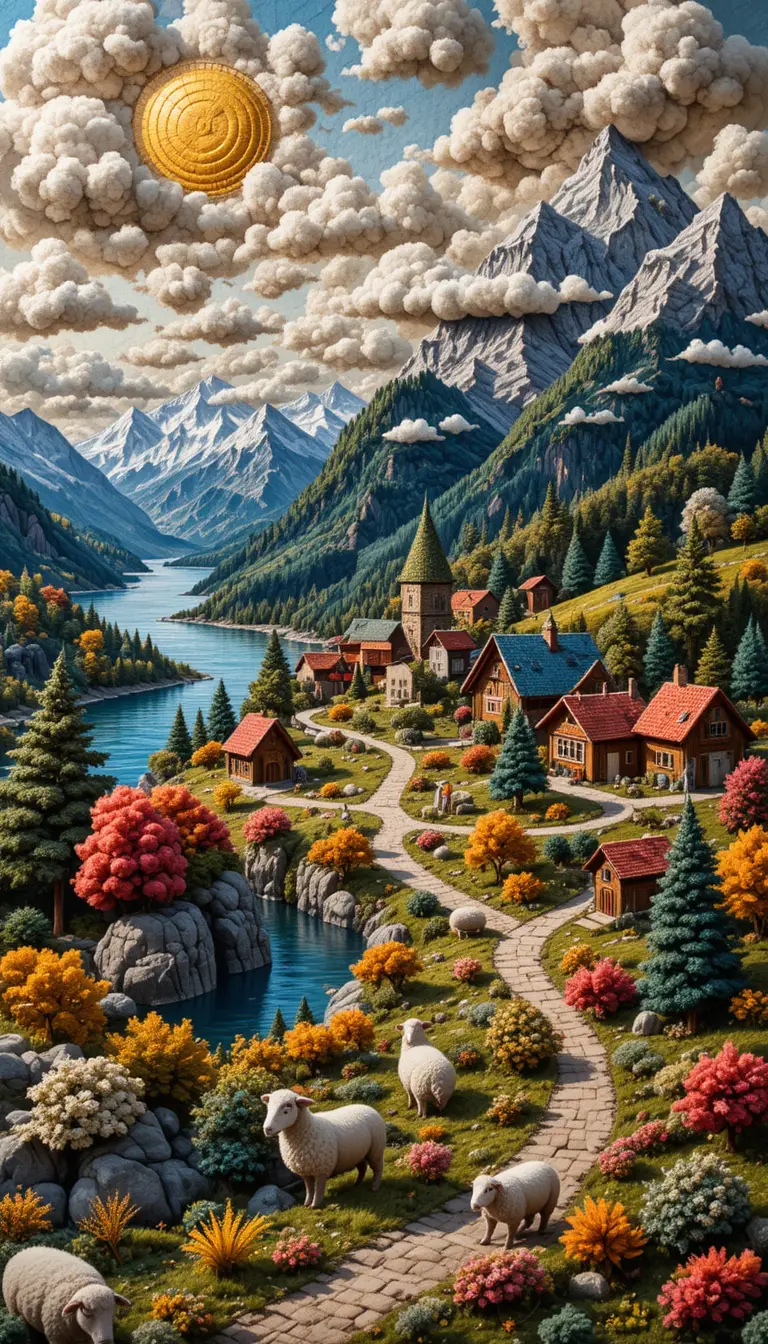 Colorful Wool Embroidered Swiss Village Mountain Landscape