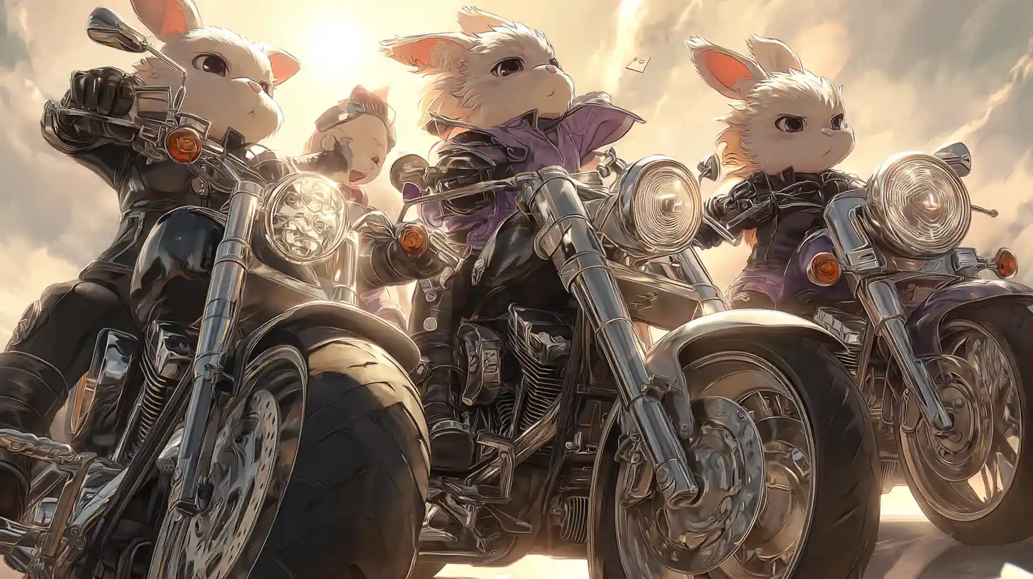 Playful anime biker rabbits on sparkling chrome motorcycles
