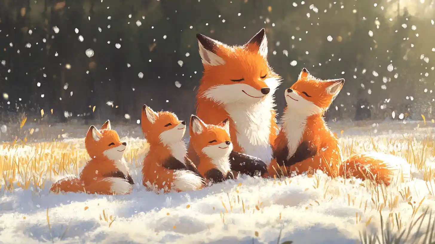 Fox family playing together in a snowy winter field