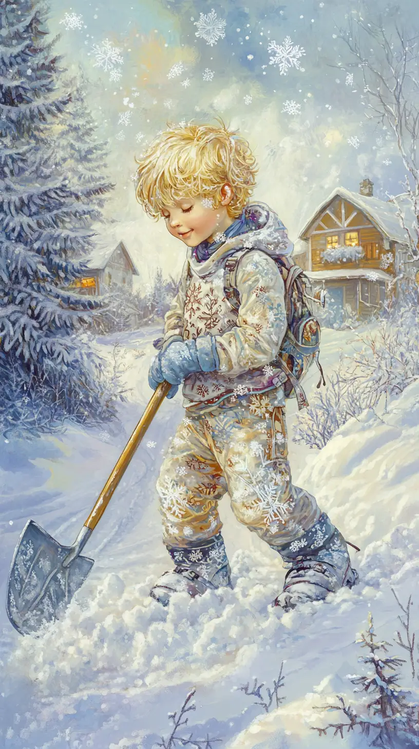 Cheerful Child Shoveling Snow In A Magical Winter Farmyard