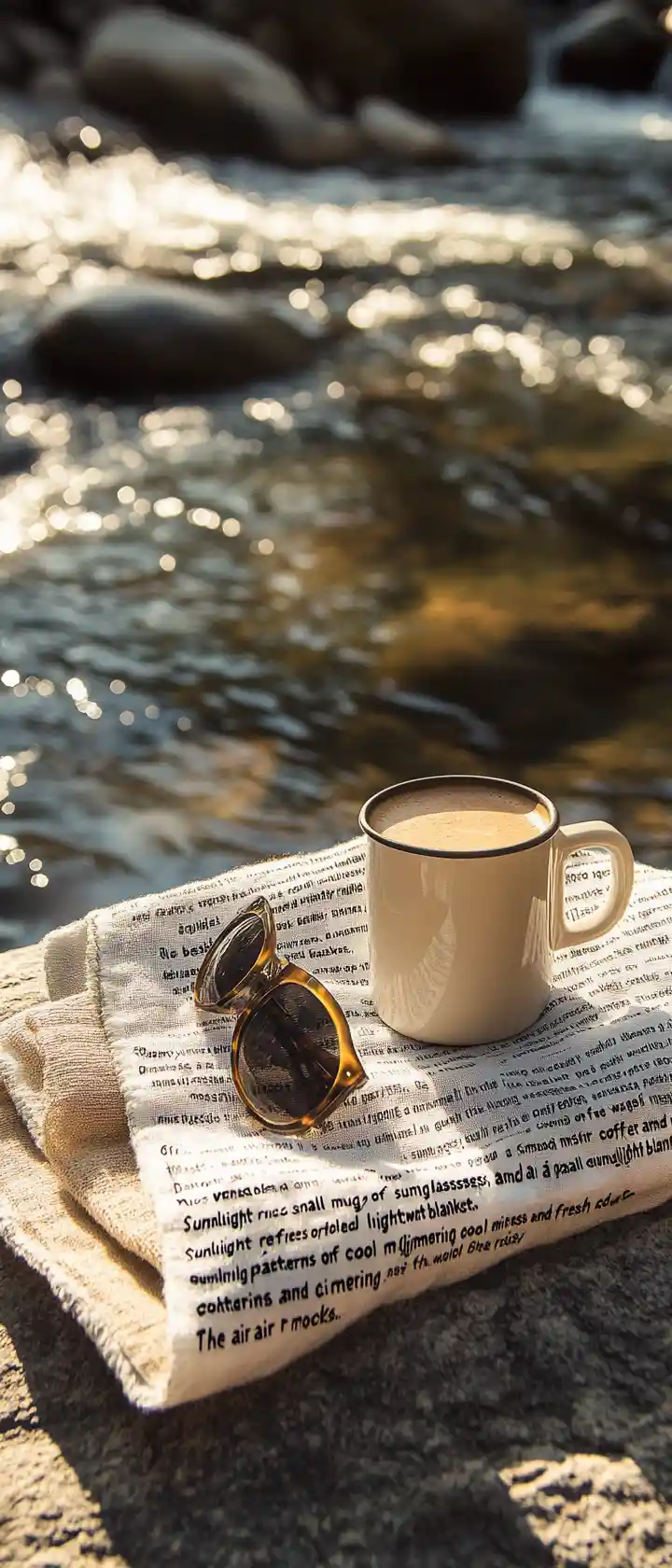 Cozy Coffee Mug On Rock Ledge Beside Gentle River