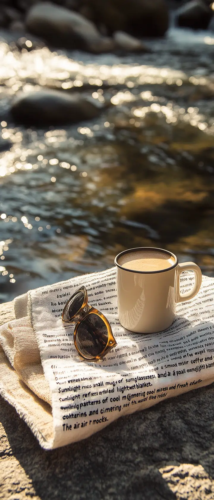 Cozy Coffee Mug On Rock Ledge Beside Gentle River