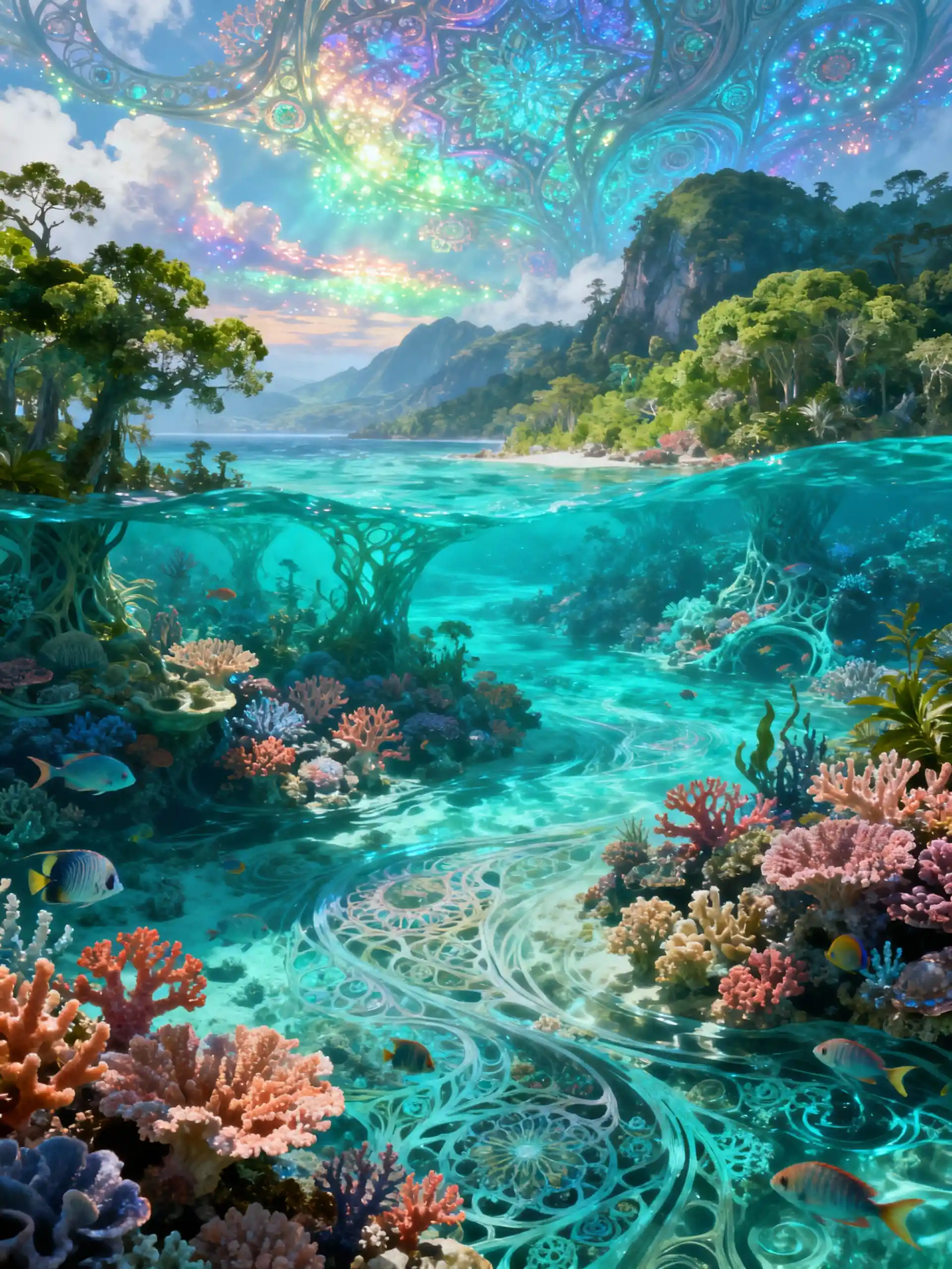 Paysage Fantastique Éthéré de Forêts d’Eau et de Récifs