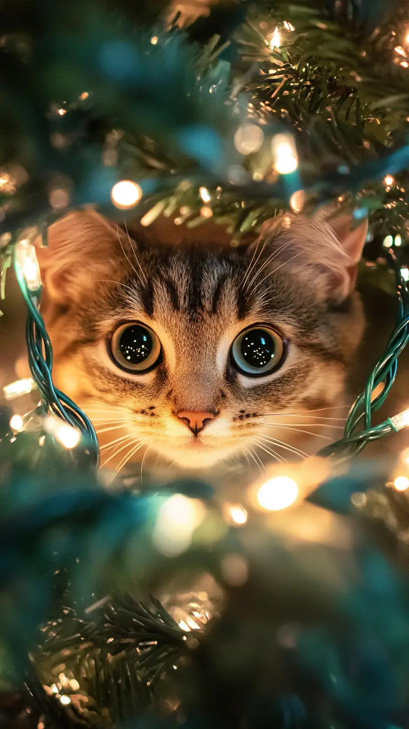Curious Cat Playing With Christmas Tree Lights Indoors