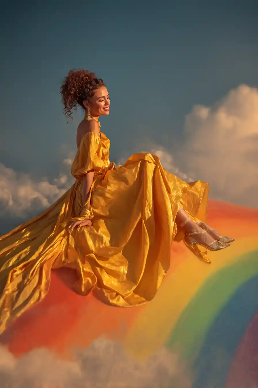 Woman Sitting On Rainbow Above Clouds In Dreamlike Sky