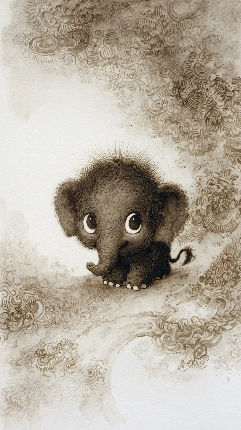 Whimsical watercolor of a tiny smiling elephant portrait