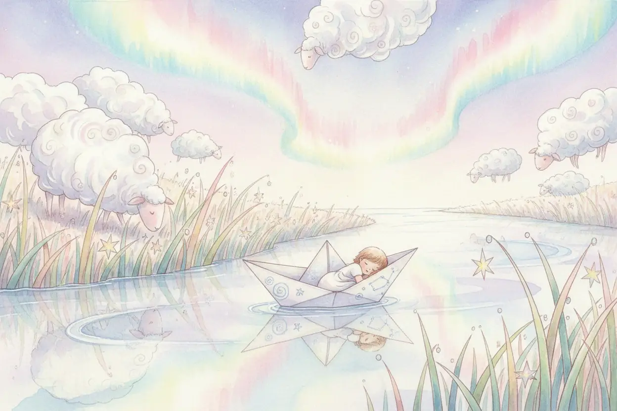 Sleeping child in a dreamy watercolor cloud landscape