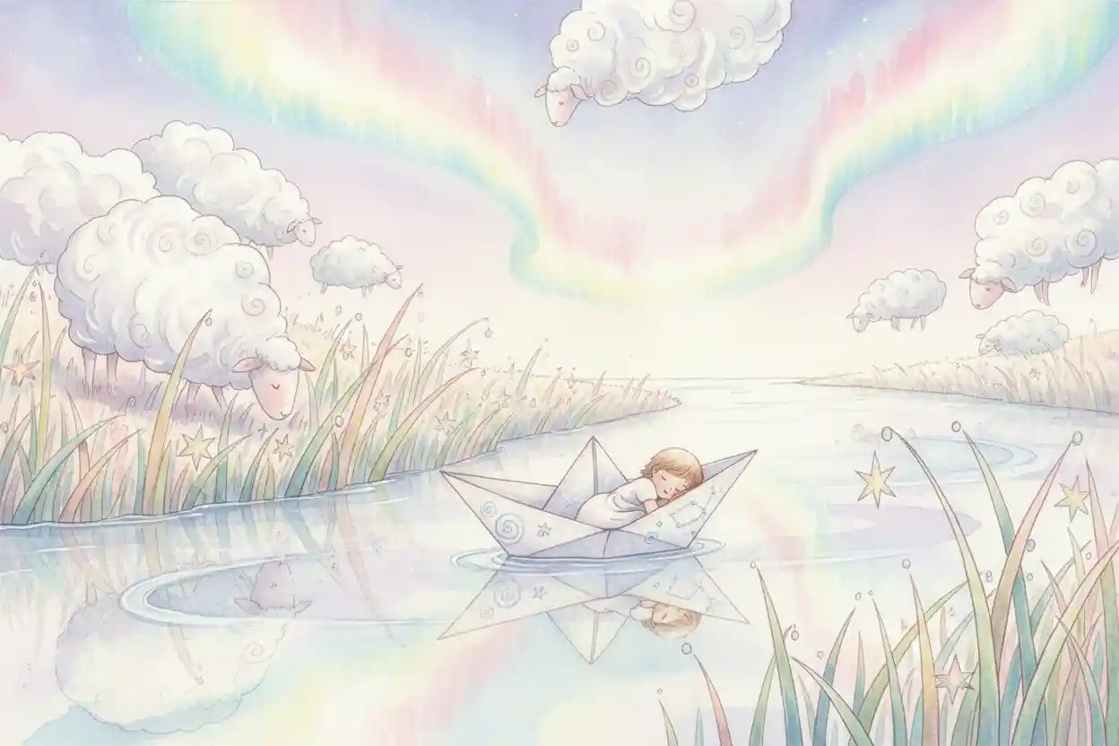 Sleeping child in a dreamy watercolor cloud landscape