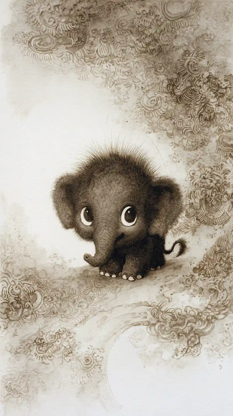 Whimsical watercolor of a tiny smiling elephant portrait