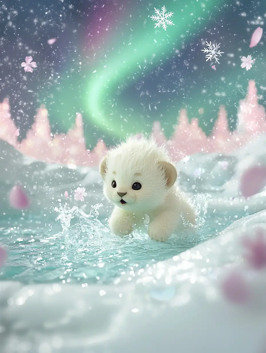 Tiny White Lion Cub Playing In A Magical Winter Pool