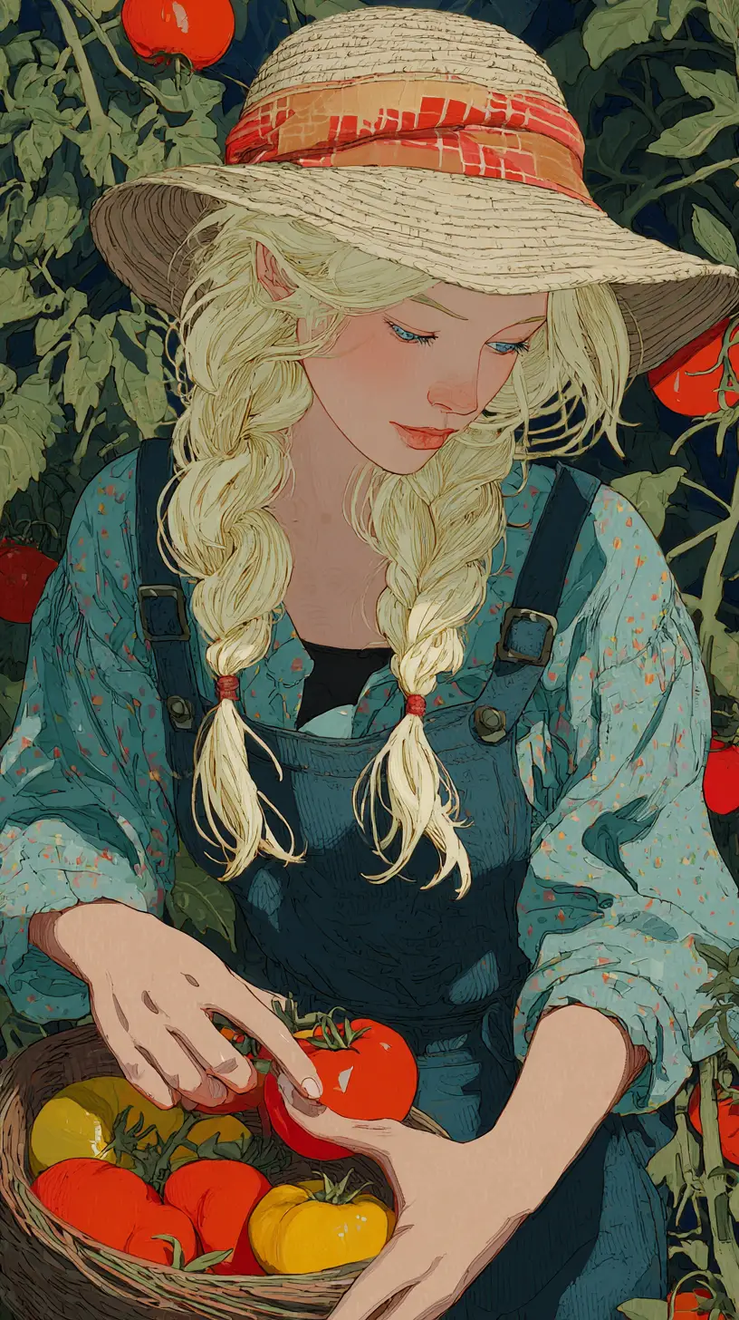Cute blonde girl harvesting tomatoes in a sunny garden