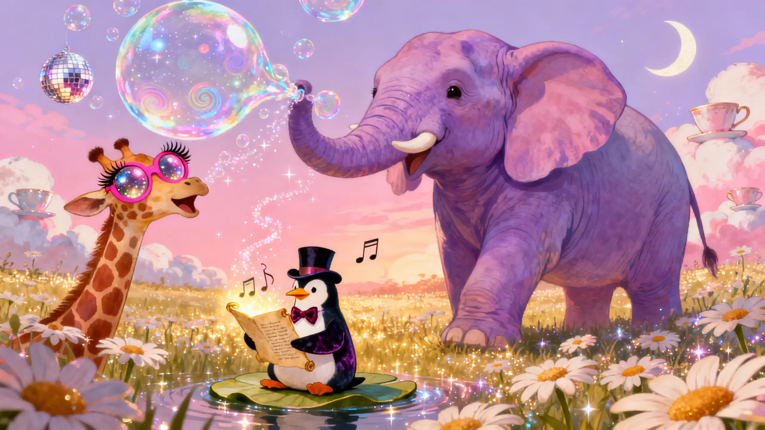 Purple elephant blowing cosmic bubbles in golden meadow