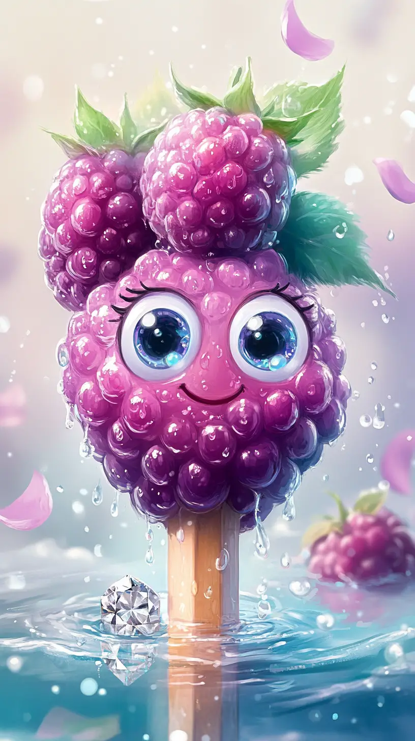 Smiling pencil with cute blackberry characters in water