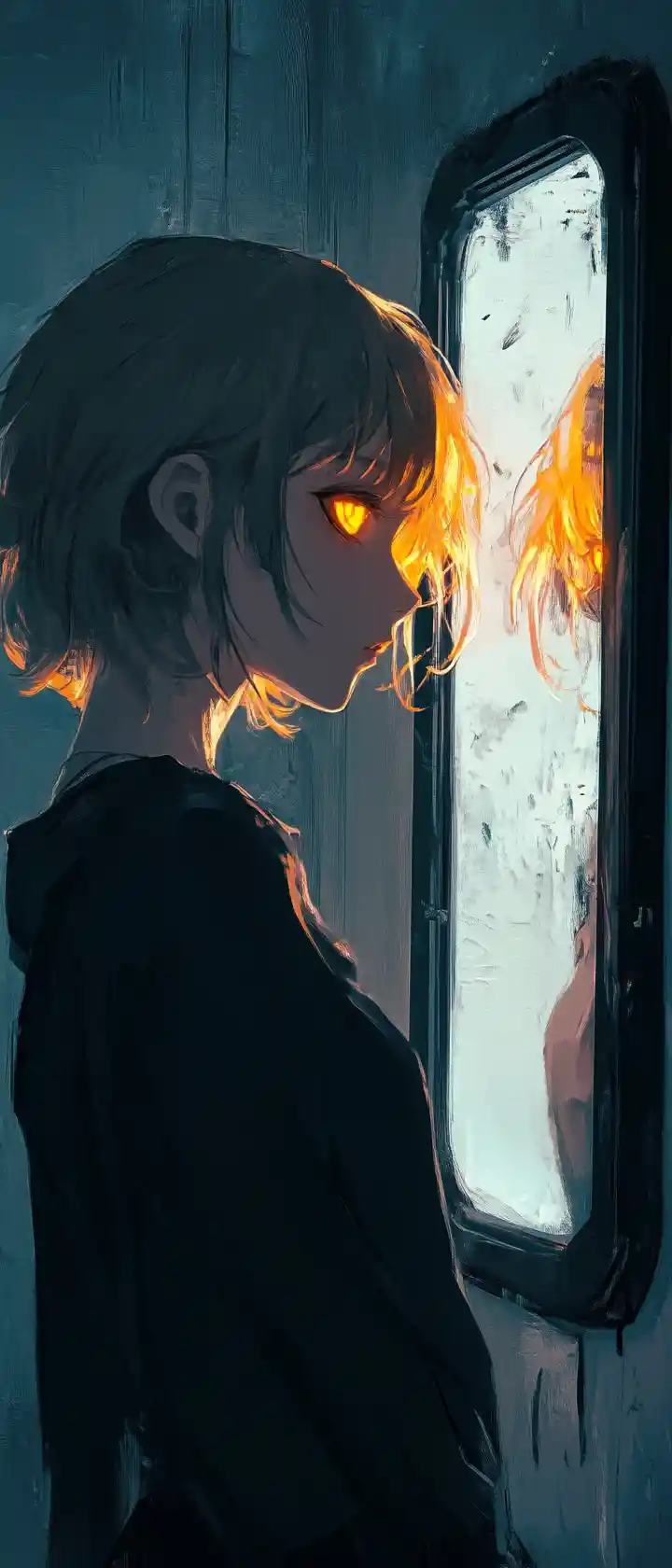 Anime girl gazing into a dark reflective black mirror
