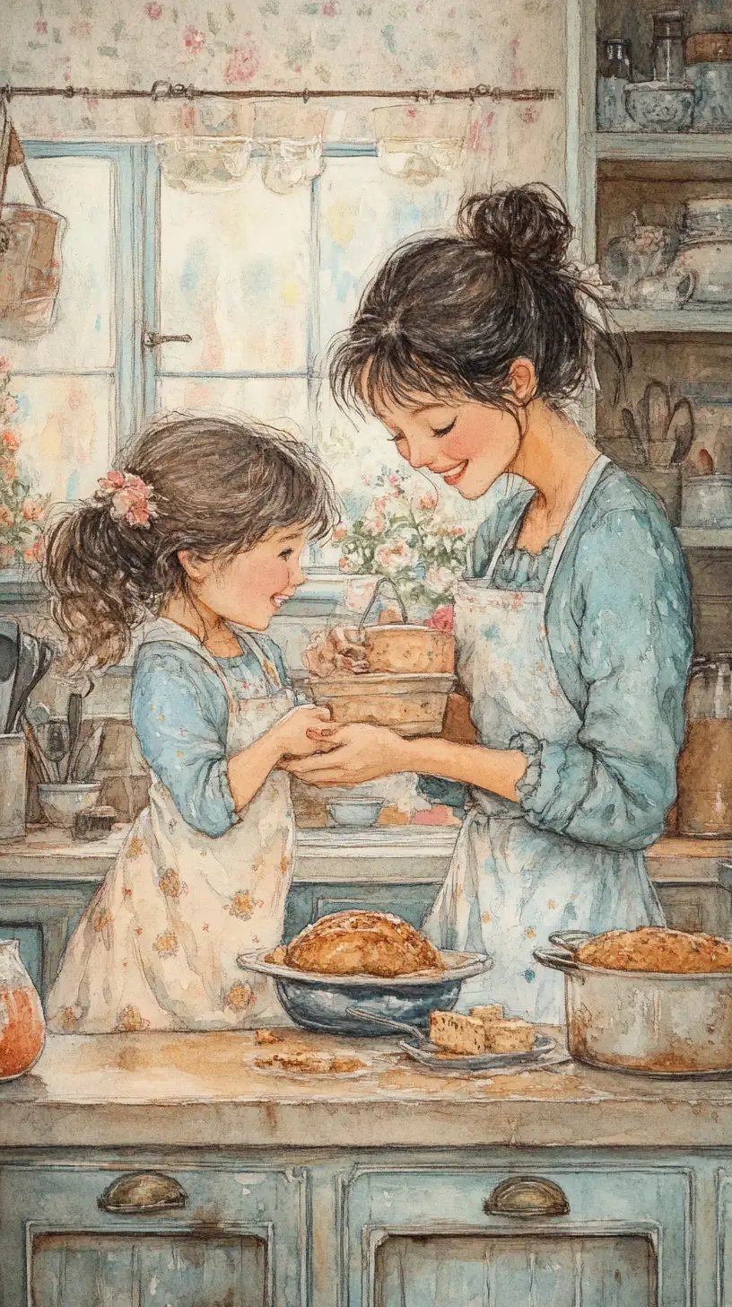 Happy mother baking with daughter in cozy kitchen illustration