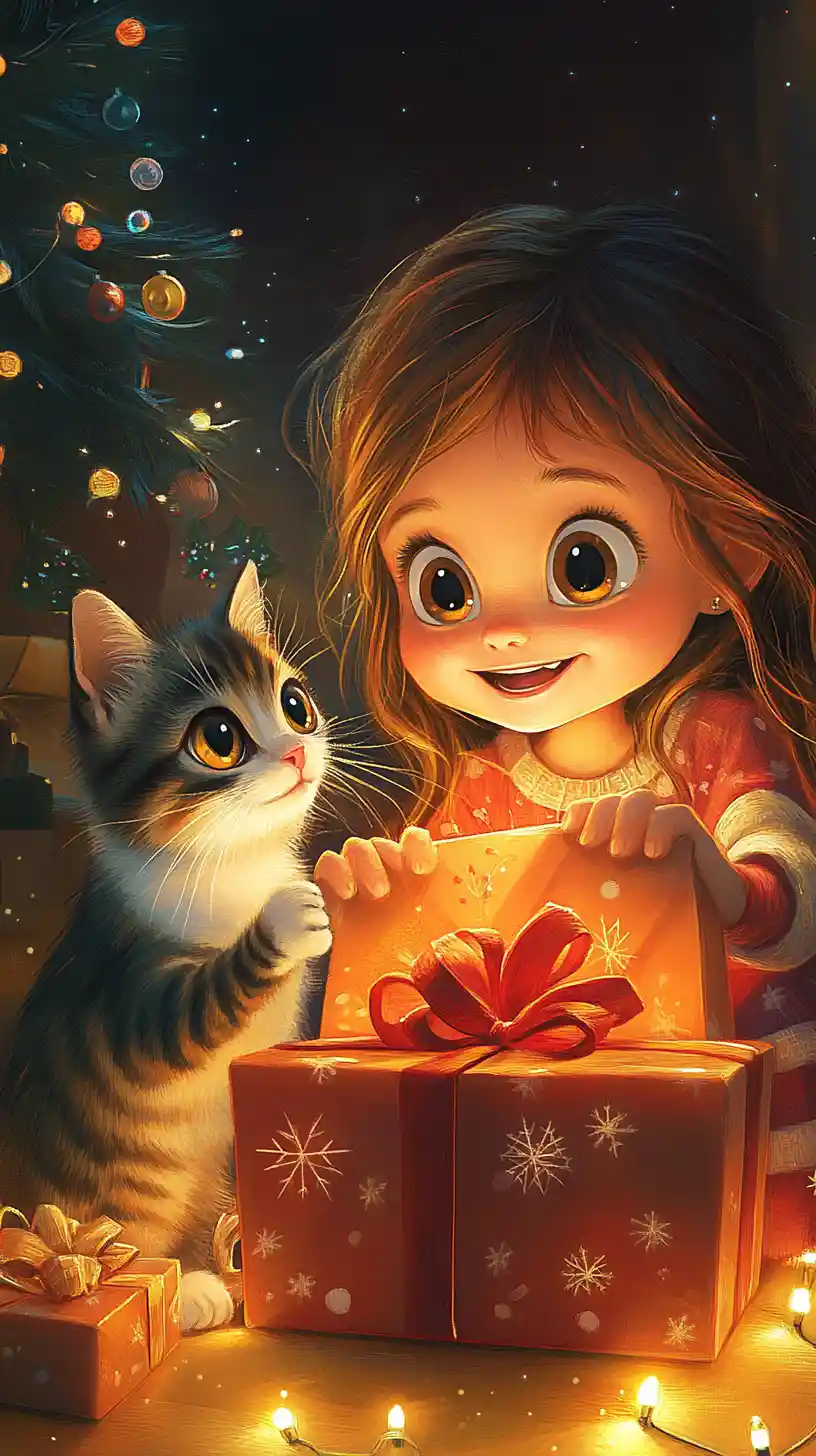 Cute Girl And Cat Opening Gifts On Christmas Eve
