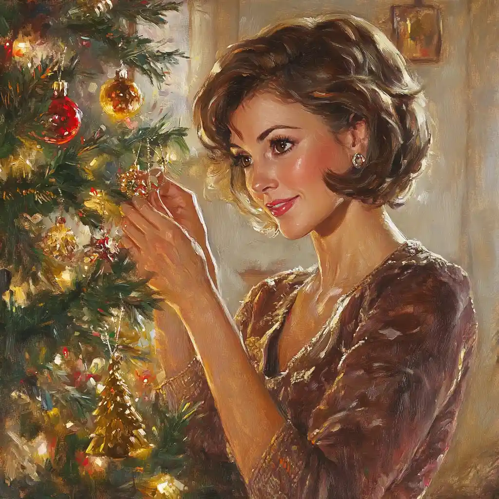 Reife Frau schmückt einen leuchtenden Weihnachtsbaum zu Hause