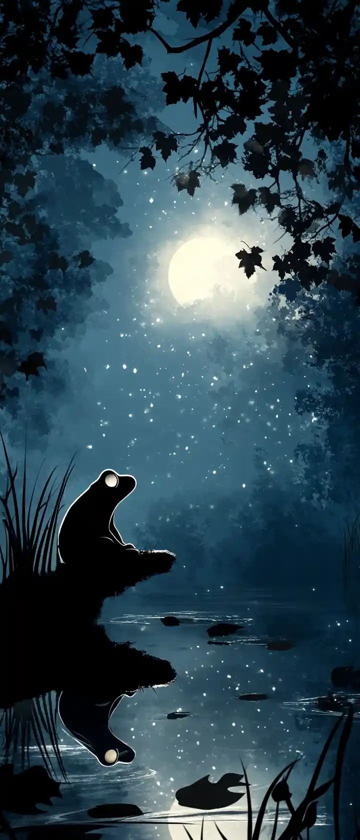 Frog With Glowing Eyes Beside An Enchanted Moonlit Pond