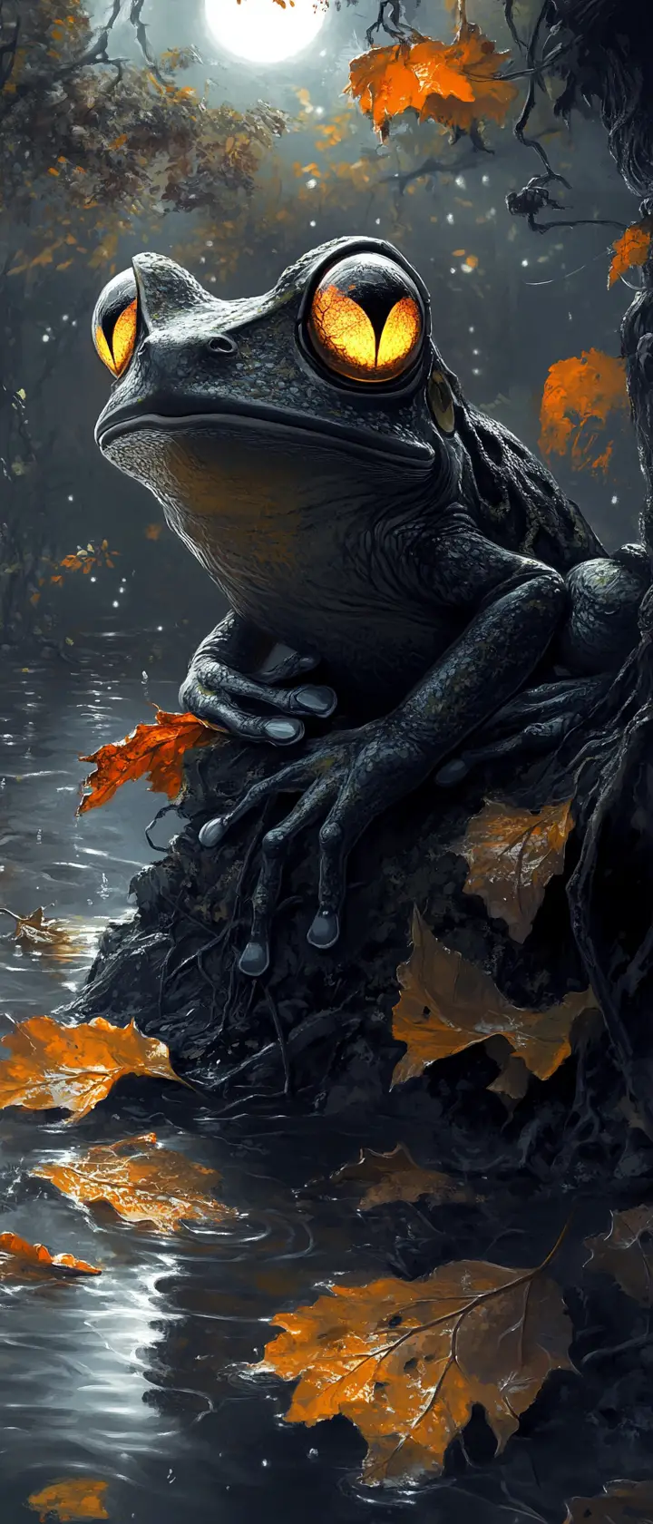 Frog With Glowing Eyes By A Moonlit Enchanted Pond