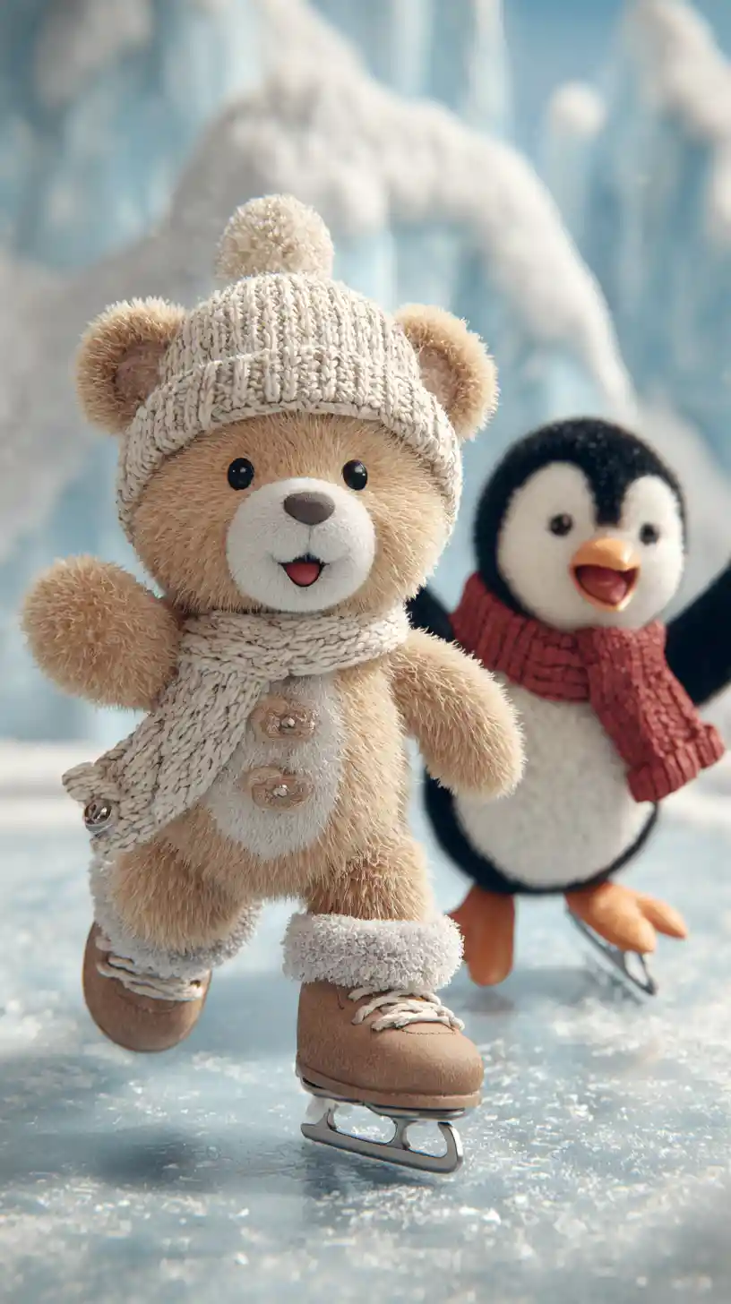 Cute teddy bear and penguin ice skating in winter