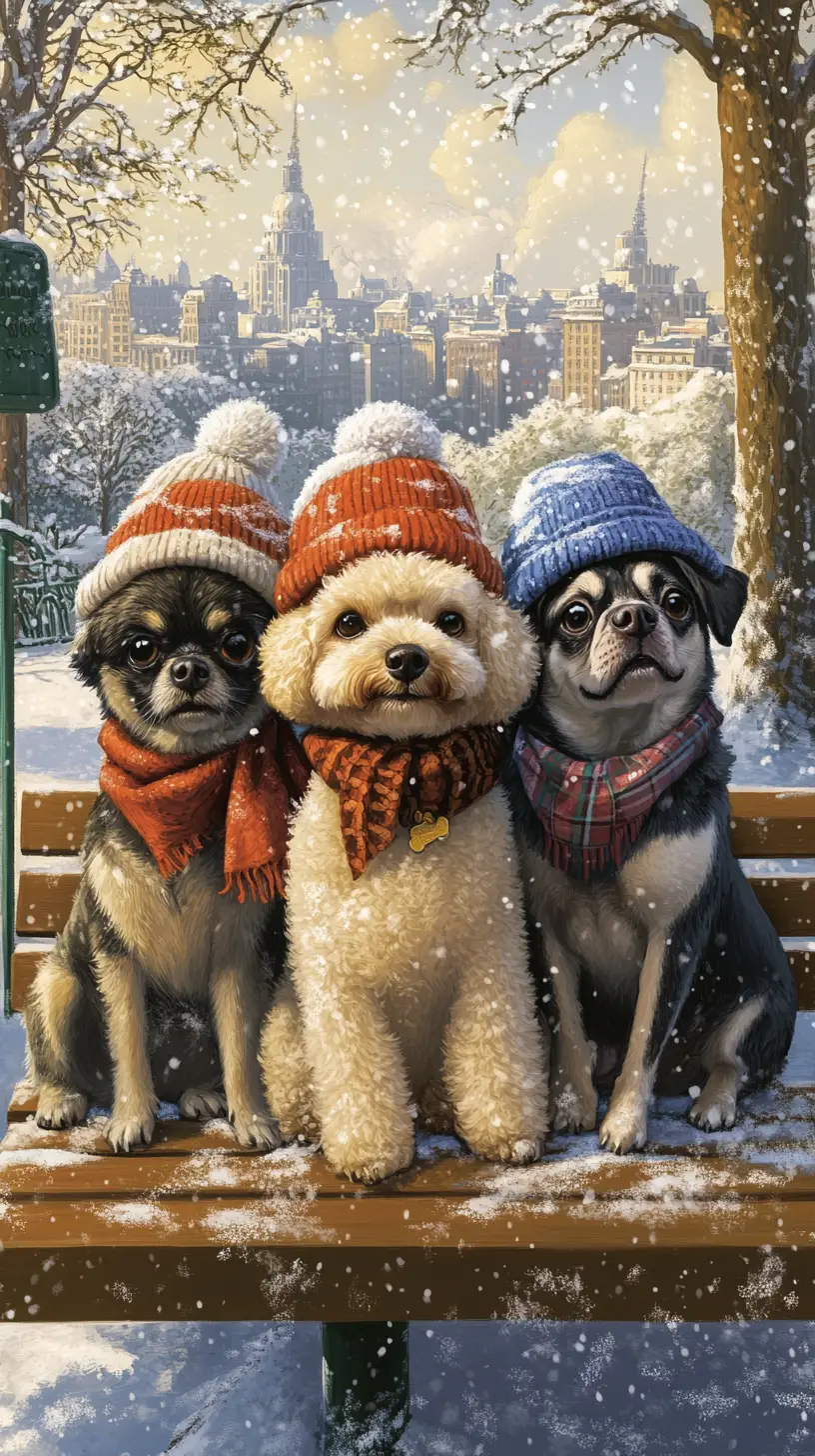 Three winter dogs sitting on a snowy city park bench