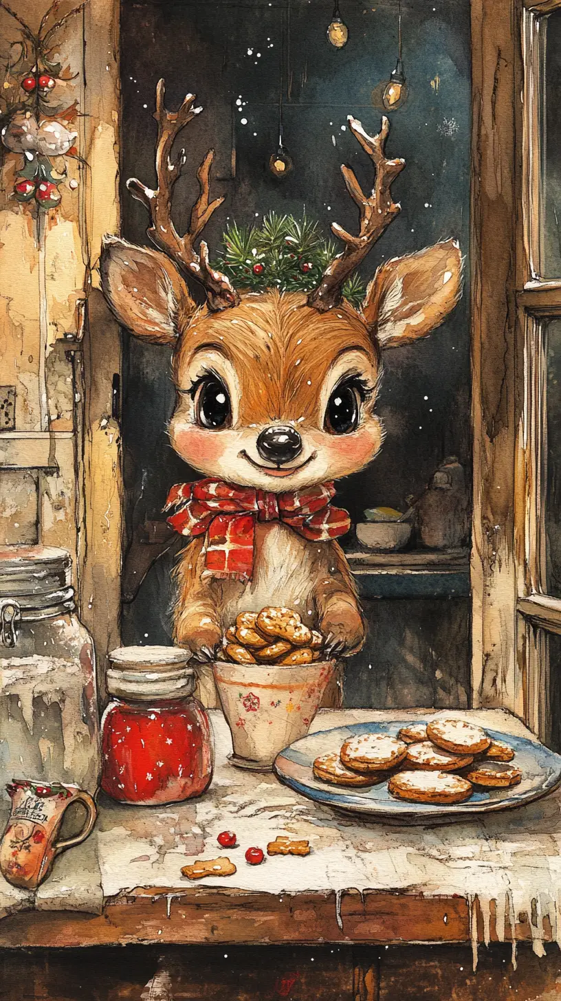 Cute Christmas reindeer sorting cookies in cozy kitchen