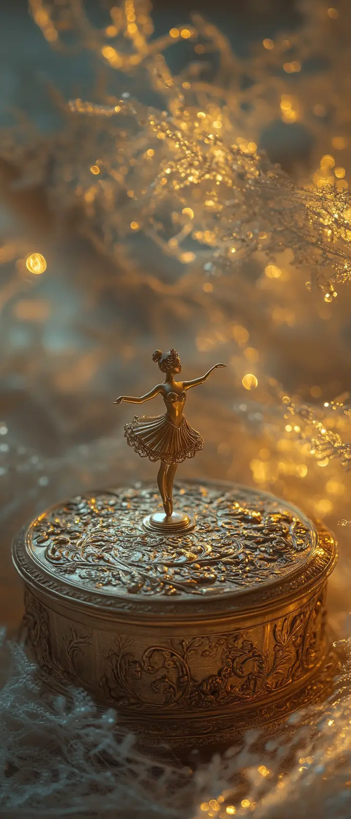 Antique music box with golden ballerina and glowing detail